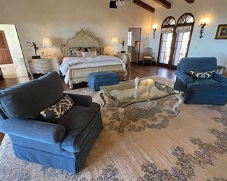 Pr. Blue Swivel Arm Chairs with Ottoman