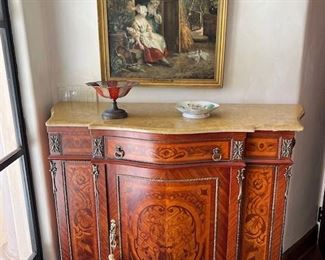 Marble-Top Inlaid Cabinet - Oil "Ladies by a Garden Shed"