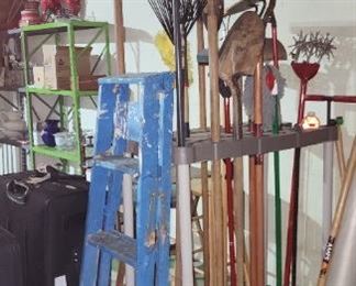 Rakes and lawn tools and shelving