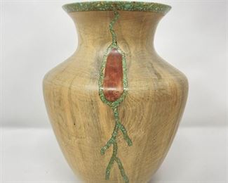 Colorado Springs Artist Larry Fox ~ Ponderosa Pine turned vase with Cripple creek turquoise inlay