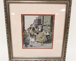 1003	ANTIQUE STEVENGRAPH FRAMED & MATTED COLORED IMAGE OF MAN COURTING WOMAN, APPROXIMATELY 15 IN X 16 IN OVERALL
