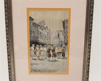 1005	ANTIQUE STEVENGRAPH FRAMED & MATTED COLORED IMAGE OF WOMEN DANCING ON COBBLE STREET IN VILLAGE, APPROXIMATELY 15 IN X 20 IN OVERALL
