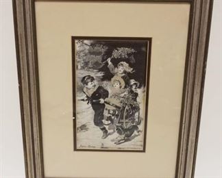 1006	ANTIQUE STEVENGRAPH *JOYOUS SPRING* FRAMED & MATTED IMAGE OF VICTORIAN CHILDREN BEING PULLED IN CART W/DOG RUNNING ALONG, APPROXIMATELY 14 IN X 17 IN OVERALL
