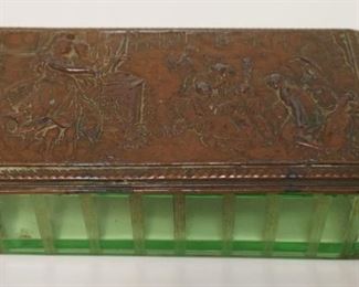 1016	COVERED GLASS BOX, GREEN GLASS BOX W/BRONZE FINISHED ZINC ALLOY METAL TOP DEPICTING A GREEK SCENE, APPROXIMATELY 6 IN X 3 1/2 IN
