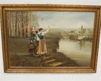 1021	ANITQUE OIL PAINTING ON CANVAS DEPICTING 2 DUTCH WOMEN AT WATERS EDGE WAVING TO FISHERMAN, DAMAGE TO CANVAS, APPROXIMATELY 44 IN X 62 IN
