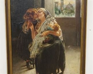 1022	ANTIQUE OIL PAINTING ON CANVAS OF MOTHER NURSING CHILD W/YOUNG DAUGHTER, SIGNED IN LOWER RIGHT CORNER, OLD REPAIRS ON CANVAS, APPROXIMATELY 35 IN X 54 IN HIGH
