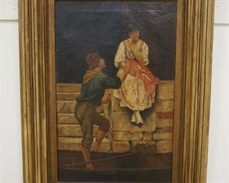 1023	J WILLETT ANTIQUE OIL PAINTING ON CANVAS *A VENETIAN COURTSHIP*, DAMAGE TO CANVAS, APPROXIMATELY 27 IN X 37 IN OVERALL
