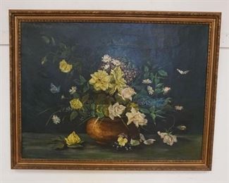 1024	ANTIQUE OIL PAINTING ON CANVAS OF STILL LIFE, APPROXIMATELY 54 IN X 42 IN OVERALL
