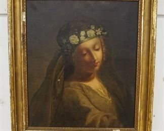 1026	ANTIQUE OIL PAINTING OF YOUNG WOMAN WEARING FLOWERS IN HER HAIR, APPROXIMATELY 22 IN X 25 IN OVERALL
