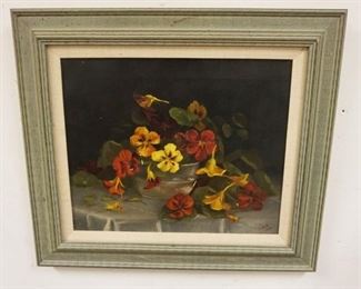 1027	ANTIQUE OIL PAINTING ON CANVAS OF STILL LIFE, SIGNED & DATED L.E.M. 1895, APPROXIMATELY 20 IN X 23 IN OVERALL
