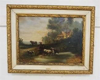1029	ANTIQUE OIL PAINTING OF COWS WATERING IN A STREAM, SIGNED & DATED LOWER RIGHT E HAKAS 1878, APPROXIMATELY 29 IN X 23 IN
