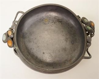 1043	CHINESE PEWTER DISH W/LEAF HANDLES & INSET STONES, APPROXIMATELY 8 IN X 2 IN HIGH
