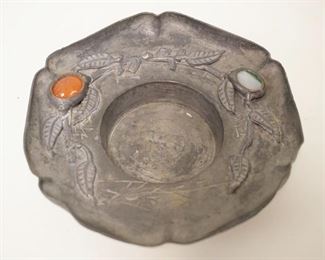 1044	CHINESE PEWTER DISH W/RELIEF DESIGN OF BRANCH W/LEAVES & INSET STONE, APPROXIMATELY 4 1/4 IN X 1 IN HIGH

