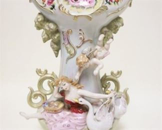 1103	LARGE VASE HAND PAINTED BESTON W/APPLIED CHERUBS & YOUNG LADY W/SWANS, APPROXIMATELY 16 IN HIGH
