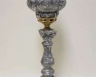 1122	ORNATE NICKLE & BRASS VICTORIAN PARLOR LAMP, BRADLEY & HUBBARD, ELECTRIFIED, APPROXIMATELY 27 IN HIGH
