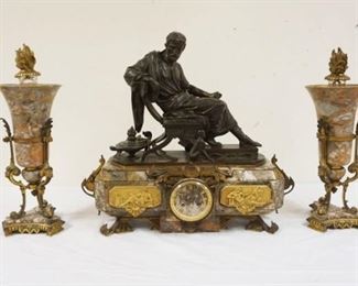 1137	MASSIVE ANTIQUE BRONZE CLOCK ON MARBLE BASE HAVING BRONZE NEOCLASSICAL MOUNT W/MARBLE URN TORCH GARNITURES, SCULPTURE SIGNED AUBERT, CLOCK APPROXIMATELY 9 IN X 26 IN X 23 IN HIGH, GARNITURES APPROXIMATELY 22 IN HIGH, ONE GARNITURE PIECE OF MARBLE MISSING AT BASE, CLOCK HOUR HAND MISSING
