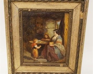 1142	OIL PAINTING ON BOARD OF WOMAN SEATED AT TABLE W/CHILDREN, SIGNED LOWER RIGHT CORNER, APPROXIMATELY 9 1/2 IN X 11 IN OVERALL
