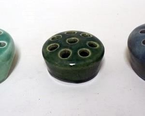 1178	ART POTTERY LOT OF 3 ASSORTED FLOWER FROGS, 1 MARKED WELLER, LARGEST APPROXIMATELY 3 1/2 IN X 1 1/2 IN H
