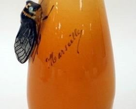 1180	ART POTTERY VASE MARKED MODELE DEPOSE ON BASE WITH A LOCUST ON SIDE, ARTIST SIGNED, APPROXIMATELY 5 1/4 IN H
