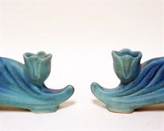 1182	VAN BRIGGLE ART POTTERY PAIR OF CANDLESTICKS, APPROXIMATELY 6 IN X 5 IN H
