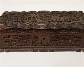 1204	ASIAN INTRICATELY CARVED WOOD BOX, LOSS TO LEFT CORNER, APPROXIMATELY 4 1/4 IN X 10 1/4 IN X 3 1/4 IN HIGH
