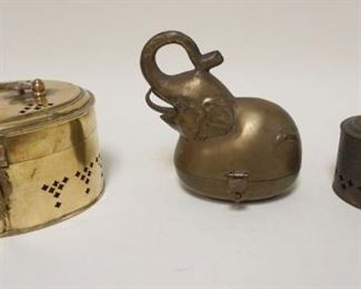 1216	LOT BRASS CRICKET BOXES & HINGED ELEPHANT BOX, LARGEST APPROXIMATELY 5 IN X 6 IN X 4 IN
