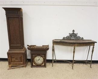 1218	ANTIQUE GRANDFATHERS CLOCK & IRON BASE CONSOLE TABLE, BOTH IN NEED OF RESTORATION
