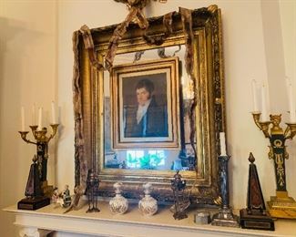 late 18th century English dandy portrait and notice the French candleabras and obelisks