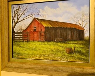 original  painting  by Bill Adams of the original Girouard family barn. The cypress wood from the barn were used to build the kitchen cabinets 