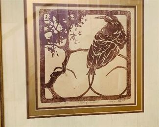 Linocut  by K  Leger  "Bird of Paradise"