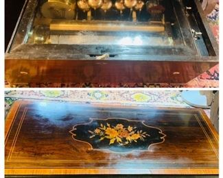 19th c large   inlaid  working Swiss   cylinder music box that features bells and drum. 