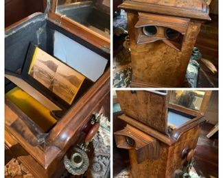 Extremely rare working  Stereoscope or also called a French Optique  with cards and adjustable candle holders. 
Pre electricity!