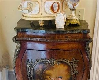 French hand painted Bombay chest--do you see the French porcelain vase that features  Napoleon?
