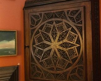 the  third  of the  hanging  cabinets--This  especially nice 19th century carved English cabinet--with functioning lock and key