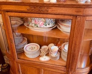 lovely curved glass cabinet  filled with Pink and White "Old Paris"