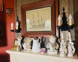 More 'Old Paris" gold and white and notice the early sailing ship framed lithograph