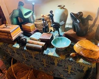 pottery, sculptures,  and artist made boxes