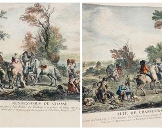 two hand colored framed French lithographs  "The Chase" and "The Rendezvous after the Chase (Hunt)---dated 1736 