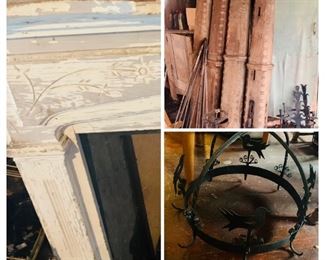 primitives including two fire place mantles,  early cypress posts, a  wrought iron hanging  pot  rack and we have three examples of antique wrought iron lighting