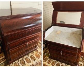 antique locking with key Man's  dresser complete with marble top and mirror  (its  narrow and  perfect to fit in your home)