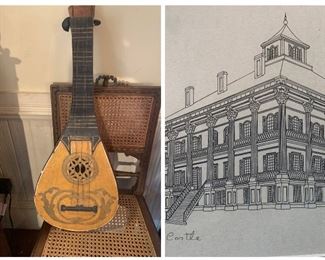 Mandoline constructed by Fred Daspit   And illustration of Windsor Plantation signed Frederick Daspit. Windsor Plantation located in Port Gibson Mississippi. The plantation burned in 1890. Plus we have Fred Daspit signed Louisiana Architecture Books. 
