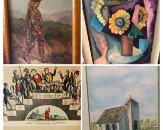 Many interesting paintings including upper right is Louisiana Modernist  Ava Ulmer 1966, an early temperance print entitled”The first drink to the grave “ and bottom right is a painting of an Acadian church by Jouett