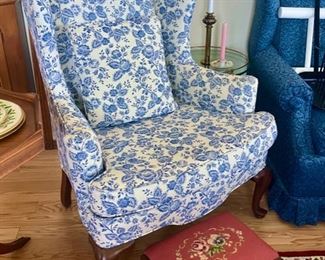Queen Anne Upholstered Wingback Chair; Needlepoint Footstool