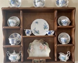Wood Wall Display Case; Large Collection of Vintage Cups & Saucers