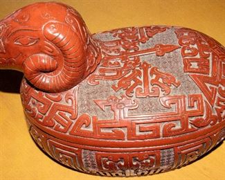 Vintage Chinese Cinnabar Carved Ram Covered Box with Lacquered Interior 8"x12"x8"