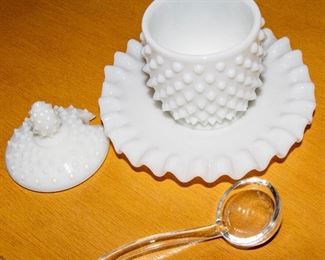 Antique Milkglass Sugar Bowl, Lid, Plate and Glass Spoon