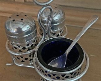 Antique English EPNS Silverplated salt, pepper shakers, caddy