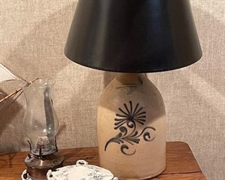 Antique John’s Ramsey advertising jug made into a lamp, copper hurricane lamp 