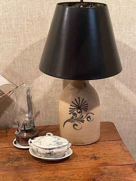 Antique John’s Ramsey advertising jug made into a lamp, copper hurricane lamp 