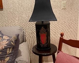 Tin Toleware Lamp, primitive stool